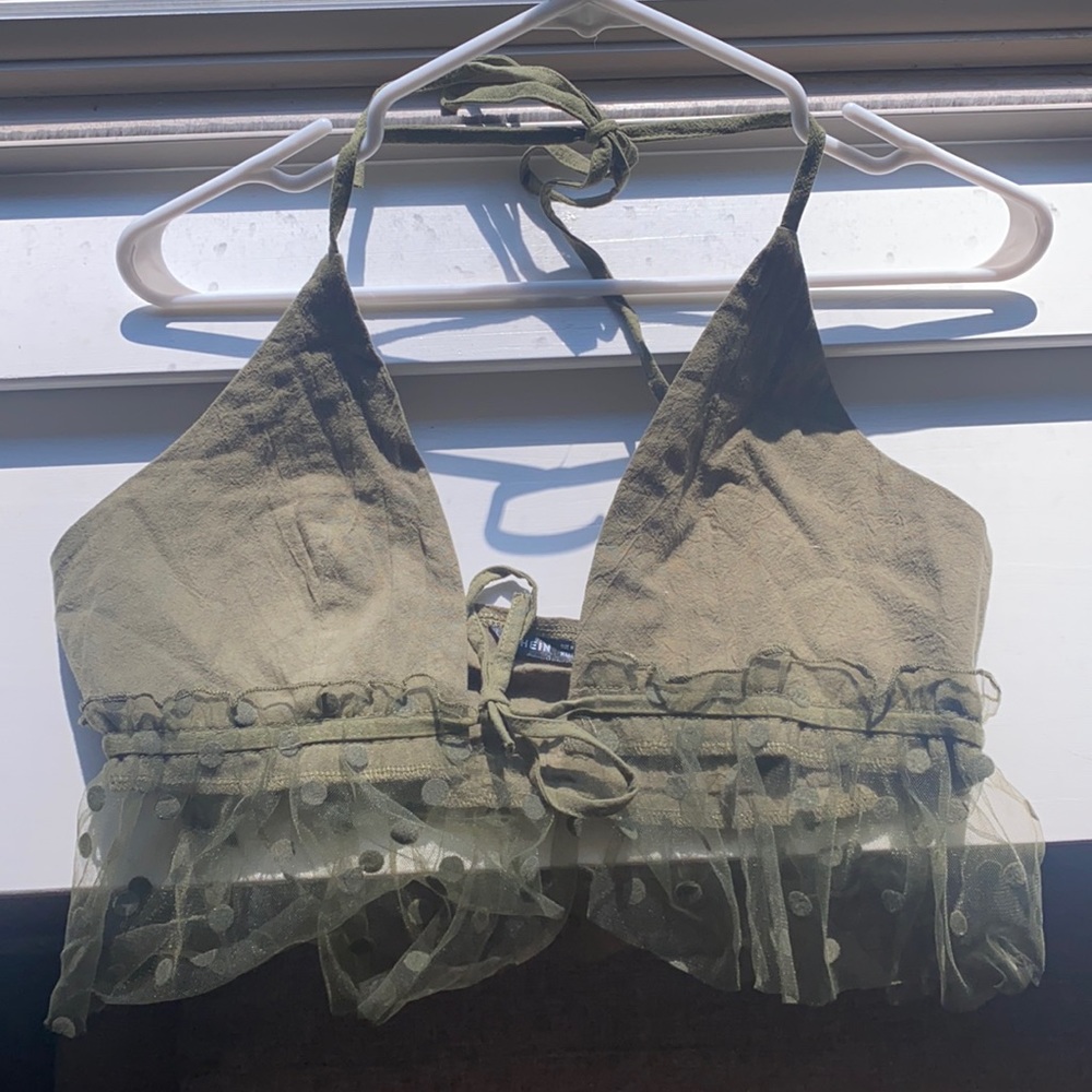 New wore olive green tie up top, shein, size M !!
